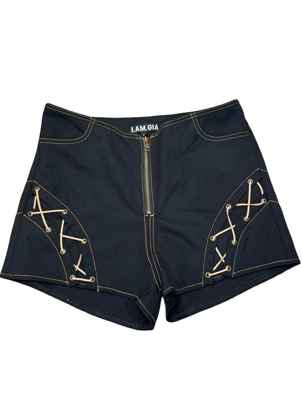 I.AM.GIA Black High-Waist Lace-Up Shorts with Gold Stitching